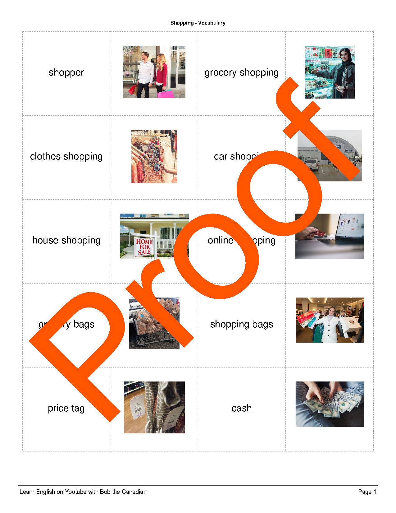Pacote de estudo para aula de inglês sobre compras