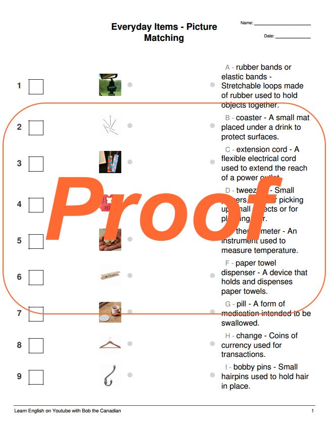 Study Pack for Everyday Items English Lesson